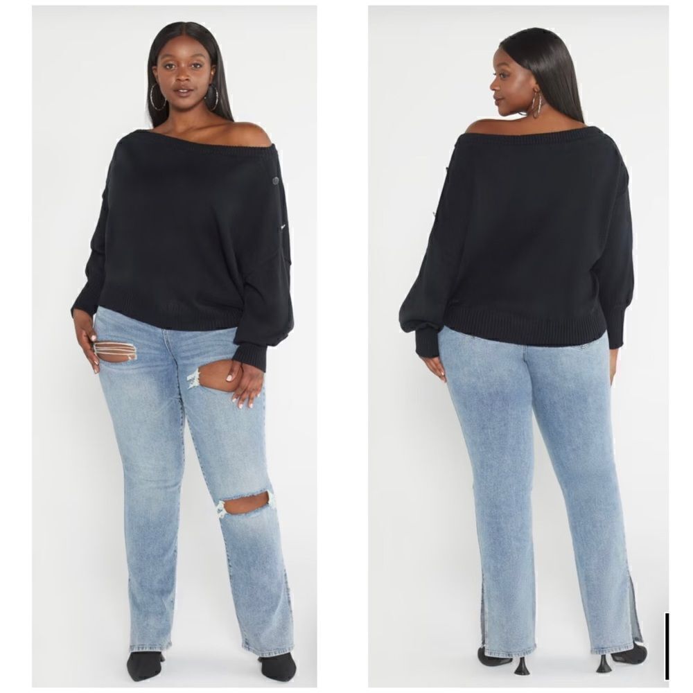FTF Pullover Off Shoulder Button Detail Black Sweater